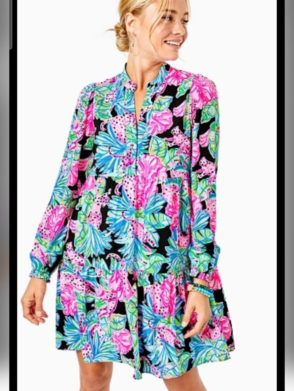 Lilly Pulitzer Winona Jungle Print Tiered Shift Dress Small Pink Blue Leopard